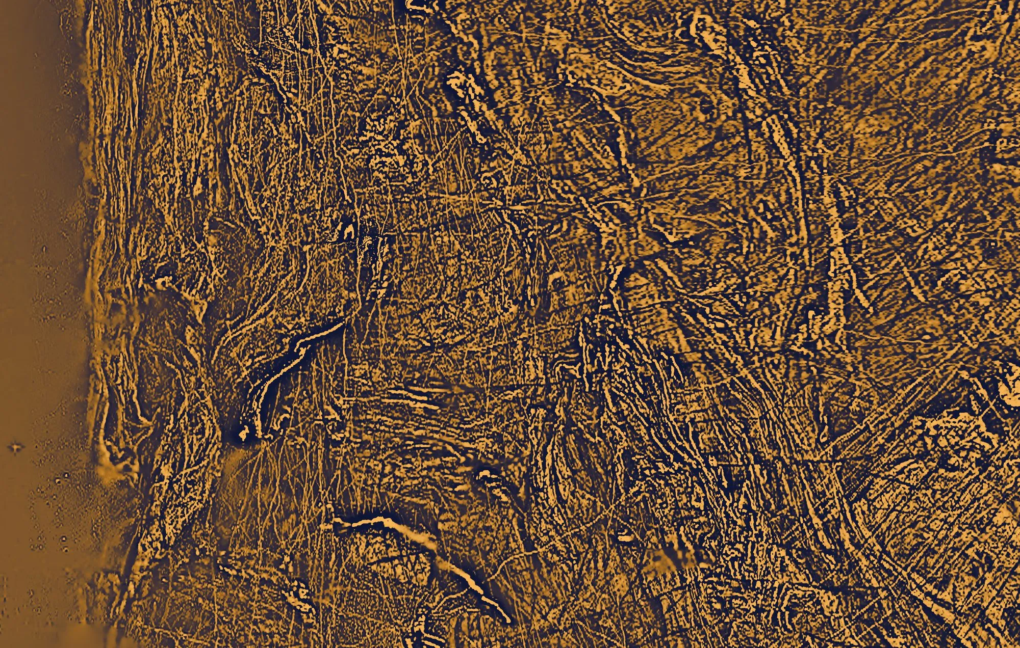 Aeromagnetic image of the Julimar area north-east of Perth, in orange duotone
